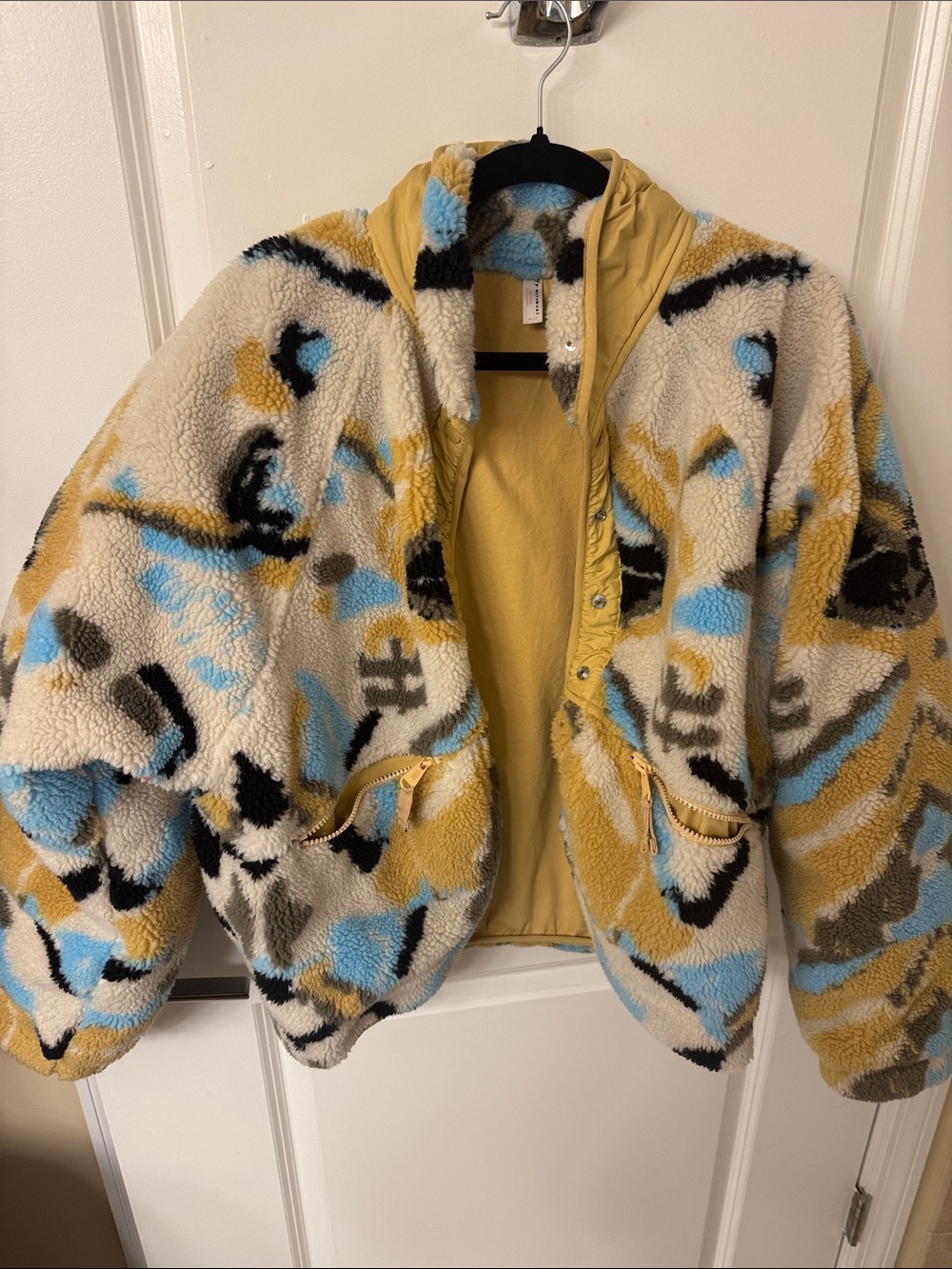 Free People Cream Teddy Jacket with Mustard, Sky Blue & Black Pattern